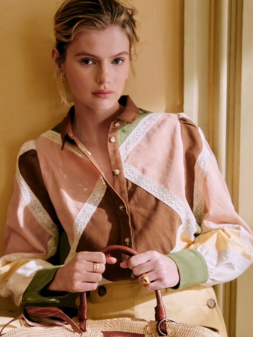 NWT Sezane Claudio Shirt in Multi Pastel Colorblock Button Down Top 36 / US 4